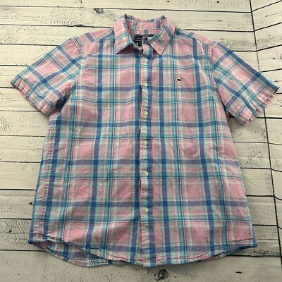 Vineyard Vines Whale Linen Cotton Short Sleeve Plaid Button Front Shirt Men's L