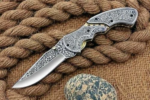custom handmade antique D2 steel hand engraved folding pocket knife with sheath - Image 3 of 4