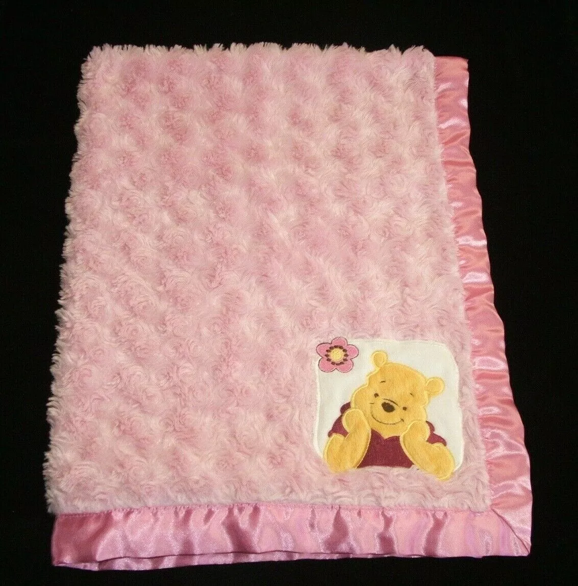 Disney Winnie the Pooh Pink Swirl Baby Blanket Satin Furry Patch