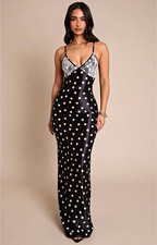 PrettyLittleThing Petite Polka Dot Lace Silk Slip Maxi Dress V-Neck 8P