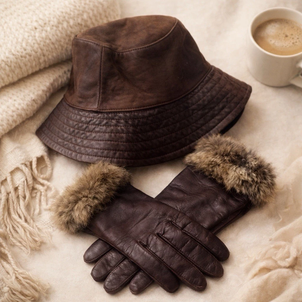 Wilsons Leather Brown Bucket Hat & Fur Trim Leather Gloves Set L/LXL Winter Glam