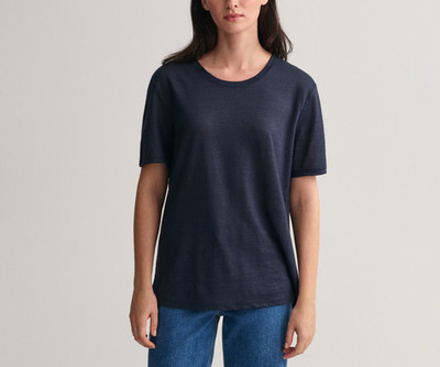 GANT Damen T-Shirt Navy Rundhals Kurzarm 100% Leinen Größe S 4203486
