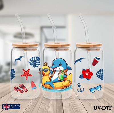 Delphin Sommer UV DTF Aufkleber - 16oz Libbey Dose Glasfolie bm49