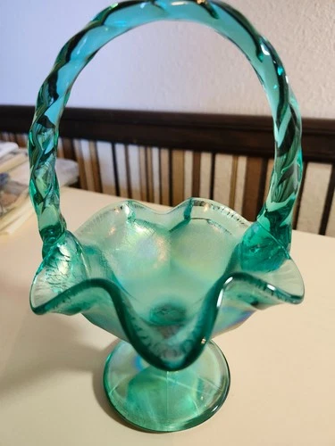 Fenton Signed Ruffled Glass Aquamarine Iridescent Basket in Excellent Condition