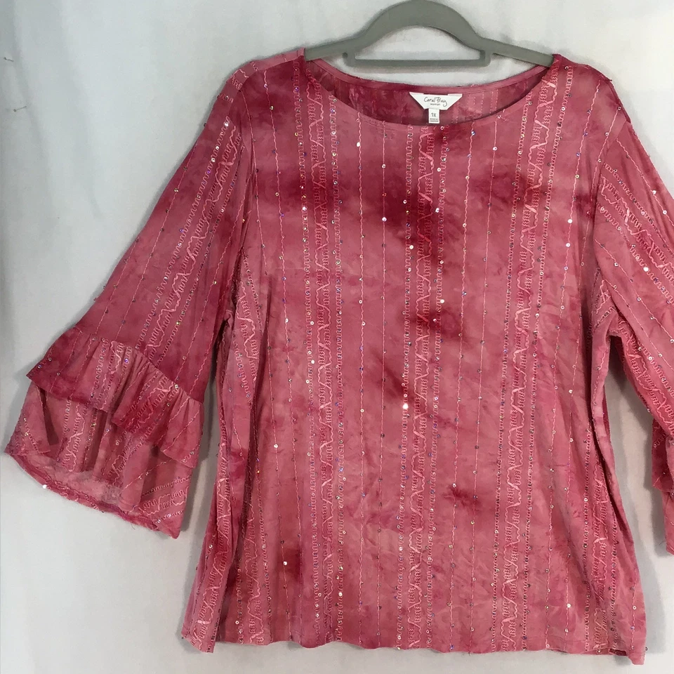 Coral Bay 女式 XL 粉红色领带染料亮片 3/4 荷叶边袖闪亮波西米亚 — 第 4/4 张图片