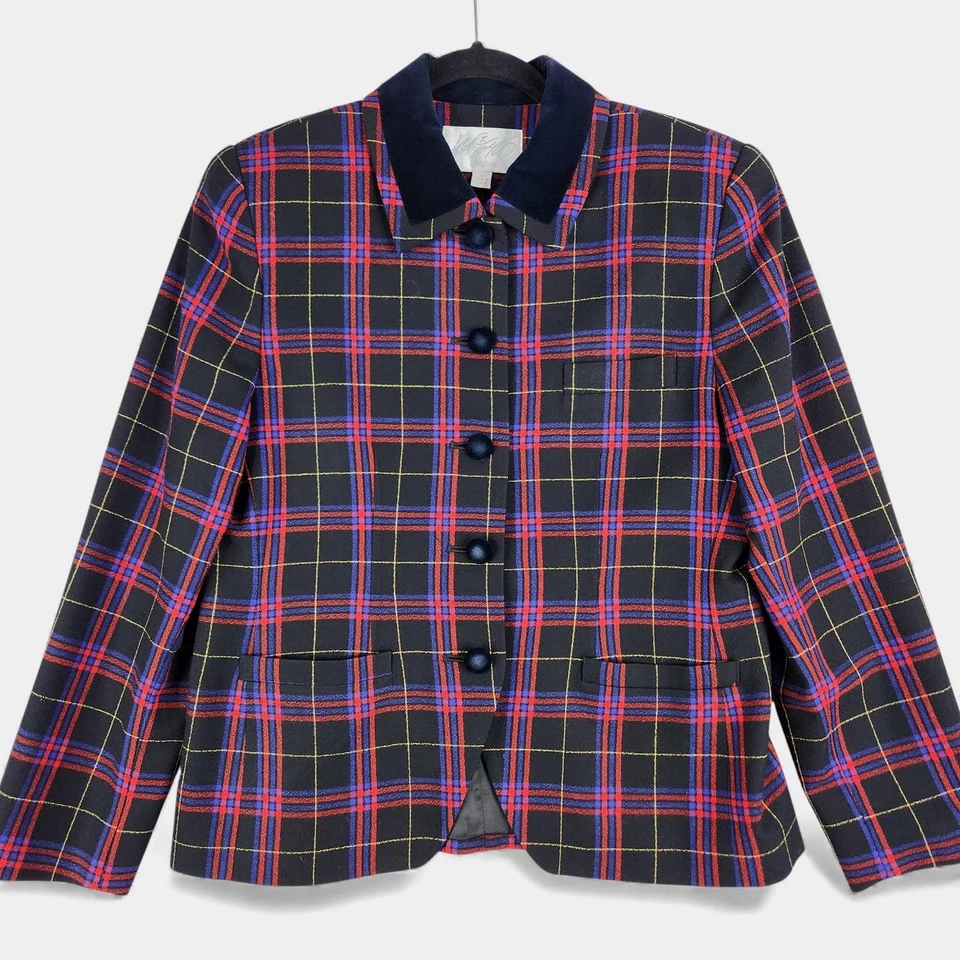 Vintage Tartan Plaid Blazer Womens Petites 10 Lord & Taylor Velvet Collar - Image 2 of 4
