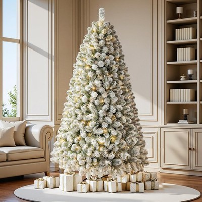 6 FT Prelit Snow Flocked Christmas Tree, Artificial Spruce Christmas Tree wit...