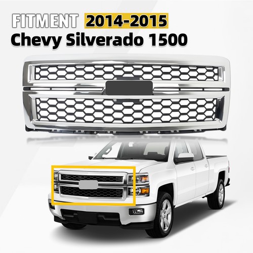 Front Bumper Honeycomb Grille For Chevy Silverado 1500 2014-2015 Chrome Surround