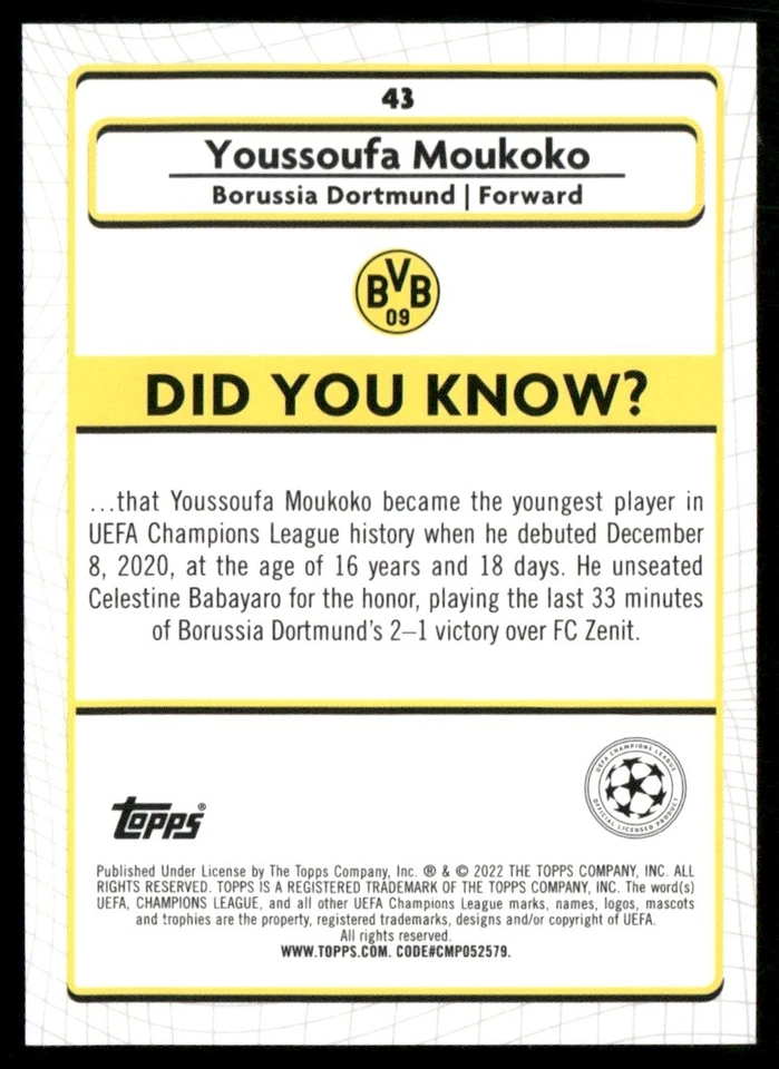 2022 MERLIN UEFA CHAMPIONS LEAGUE YOUSSOUFA MOUKOKO BORUSSIA DORTMUND #43 - Image 2 of 2