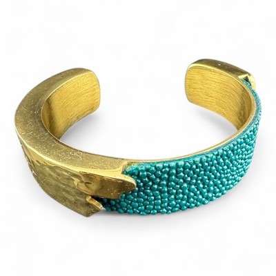 Rustic Cuff  Dallas Stingray  Gold Tone And Teal Stingray Inlay Cuff Bracelet