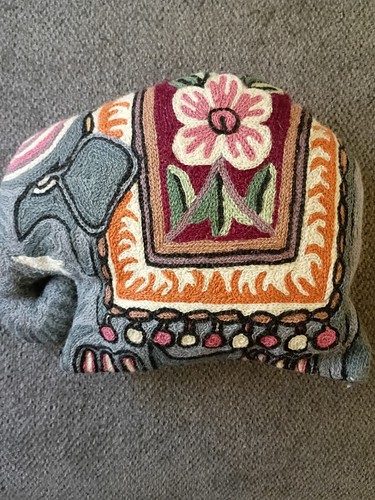 Vintage Handmade Crewel Embroidered Elephant Stuffed Throw Pillow