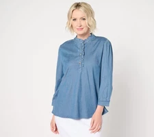 Denim & Co. Women's Top Sz L Chambray Puff Sleeve Ruffle Blue A656070