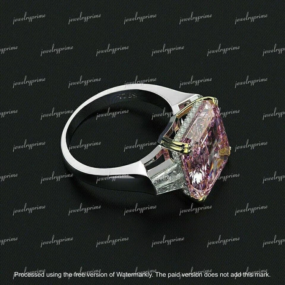 Anillo de compromiso de zafiro rosa creado en laboratorio con corte Asscher de 3 quilates enchapado en oro blanco de 14 quilates Foto 4 de 4