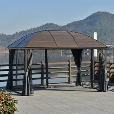 10x13 Gray Hardtop Gazebo With Steel Roof Curtains Netting Pavilion Ceiling Hook