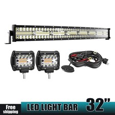 32" Curved LED Light Bar 2x 4" Cube Pods 6 Modes Strobe Wiring Harness Kit