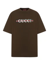 GUCCI $620 Brown Web Cotton Jersey T-shirt New And Authentic