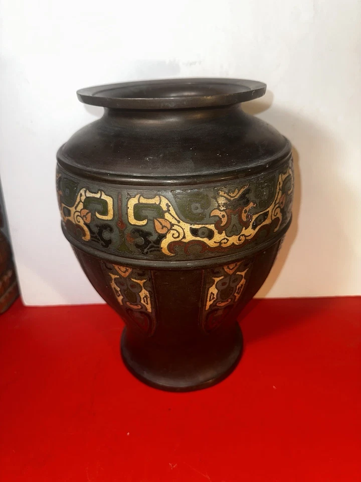 Gran incensario chino de bronce esmaltado Champleve ~ jarrón siglo XVIII marca Xuande Foto 4 de 4