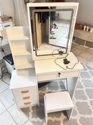 Women Makeup Dressing Table Stool Set with LED Lighted Mirror Vanity Table Set