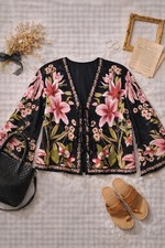 Black Boho Floral Kimono Cardigan Tie Front Cottagecore Festival