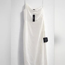 Lulus White Midi Dress L Draped Cowl Neck Slit Minimalist Bridal Chic NWT