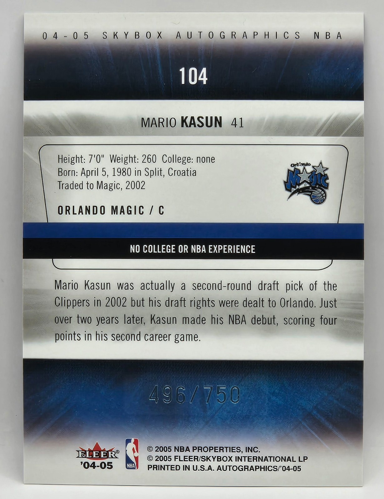 04-05 Skybox Autographics Mario Kasun RC (Orlando Magic) #496/750 #104
