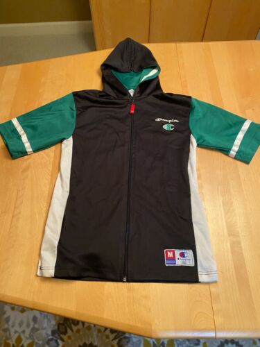 VINTAGE CHAMPION COLORBLOCK GREEN BLACK FULL ZIP SS HOODIE BOYS M 10 12 - Picture 1 of 5