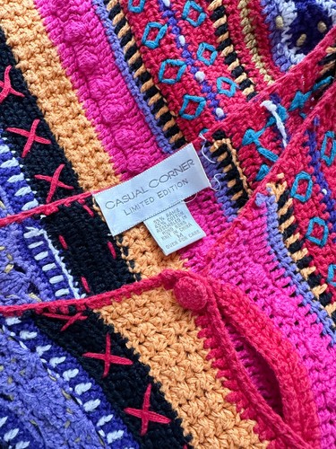 Maglione cardigan medio stile Coogi vintage Grannycore uncinetto arcobaleno colorato aperto - Foto 9 di 9