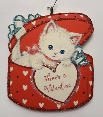 WHITE CAT, KITTEN in RED HAT BOX w HEART  *  Glitter VALENTINE ORNAMENT Vtg Img