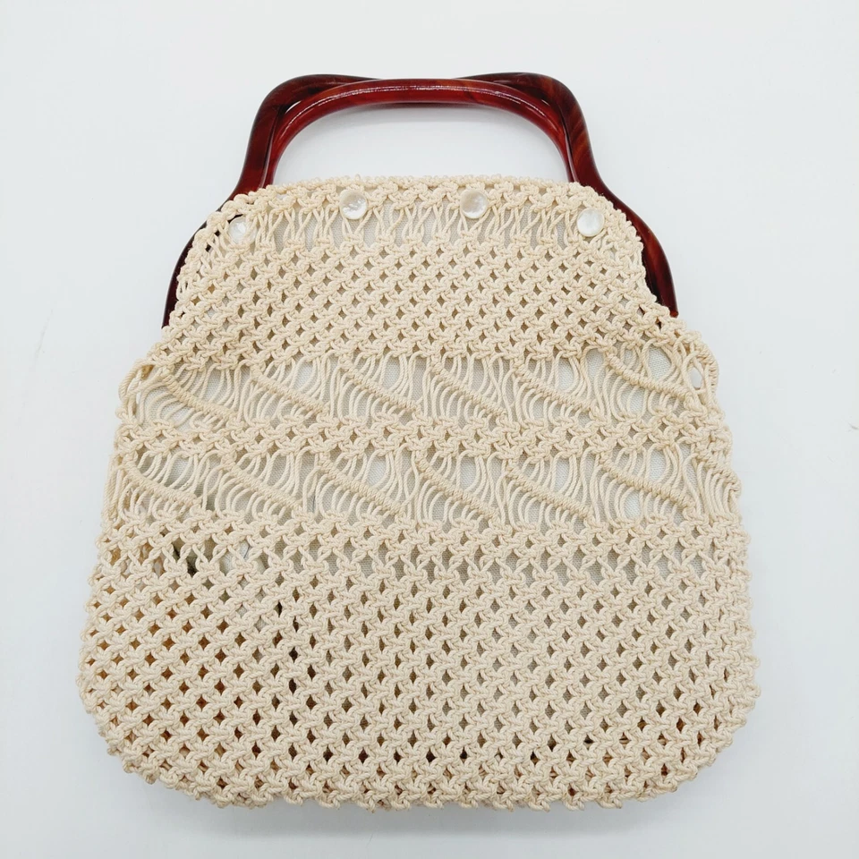 Womens Handbag Crocheted Cream With Brown Acrylic Lucite Handles Vintage - Image 2 of 4