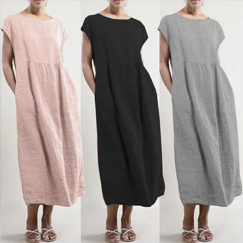 Camicia abito bohémien donna casual estate cotone lino tasca abito MIDI sciolto - Foto 1 di 20