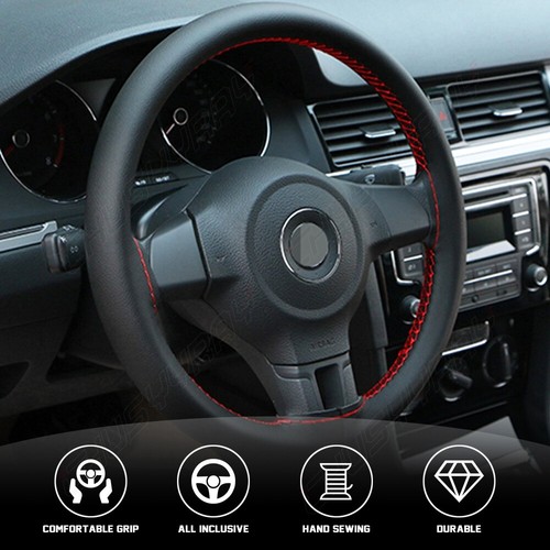 15" Leather Car Steering Wheel Cover Anti-slip Auto Accessories Black+Red - Picture 5 of 16