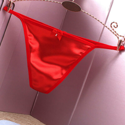 Women Satin Sexy Panties G-string Thong Low Waist Pearl Bowknot Underwear Briefs