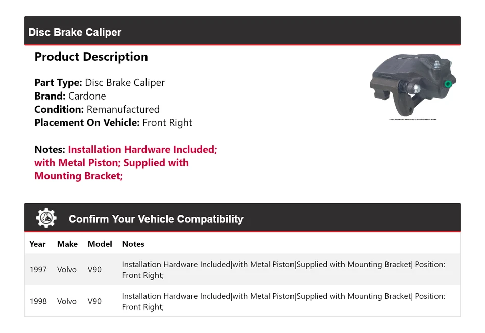 Pinza de freno de disco delantera derecha cardone para Volvo V90 1997-1998 Foto 2 de 4