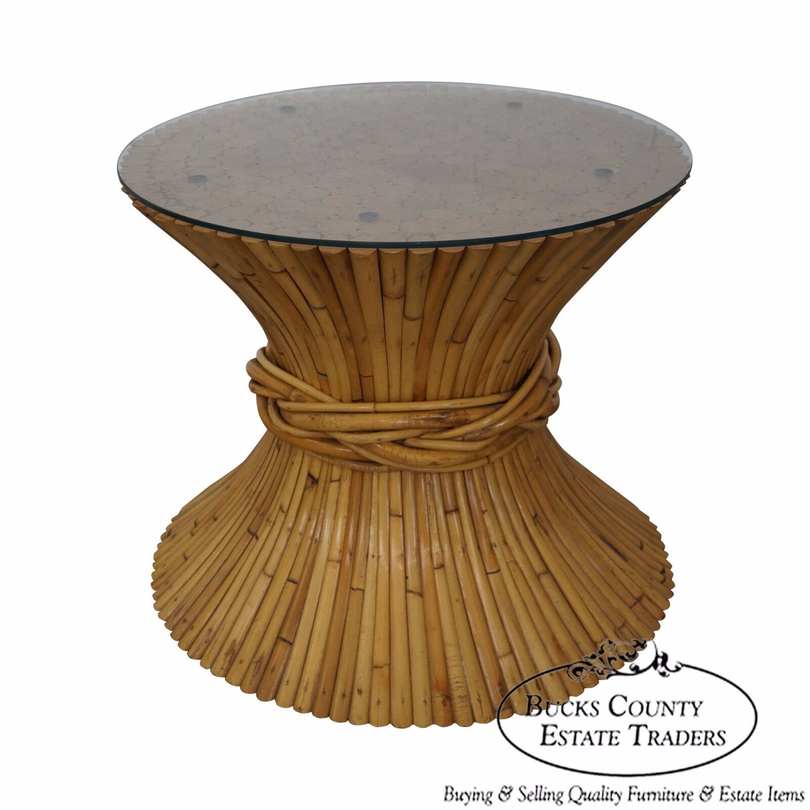 McGuire Sheaf of Wheat Bamboo Rattan Round Glass Top Coffee Table