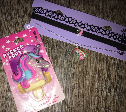 Claire’s Unicorn Choker Necklace Jewelry Keychain Lip Gloss Backpack Clip Lot - Picture 1 of 6