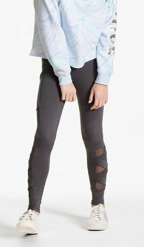 NWT Justice Girl's Strappy Mesh Leggings Gray Dance Gymnastics 8 10 12 16 18 - Picture 2 of 3