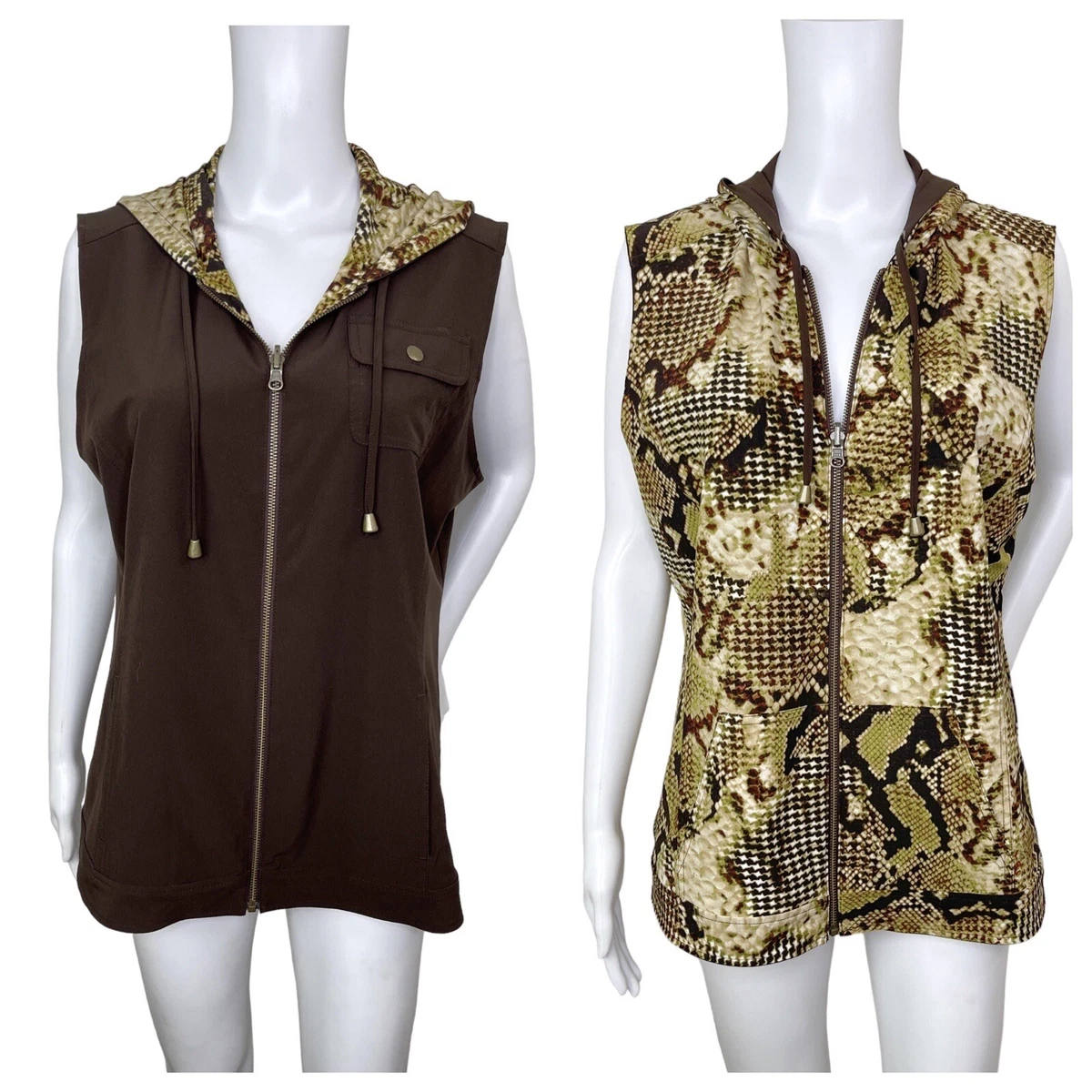 Chico's Zenergy Neema Vest Reversible Hood Zip Brown Python 2 Large