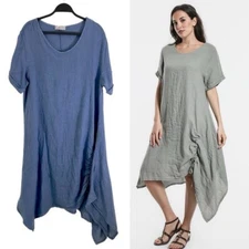 Tina Stephens Blue Jayde Drawstring Bottom Linen Lagenlook Asymmetrical Dress OS