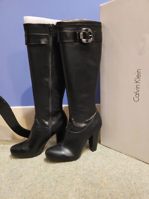 Calvin Klein Mattie Stretch Black leather knee-high boot style E7747 Size 10 