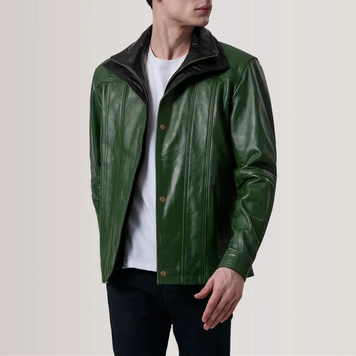 Forest Green Genuine Leather Jacket Classic Casual Winter Coat Button Front - product detail image 1