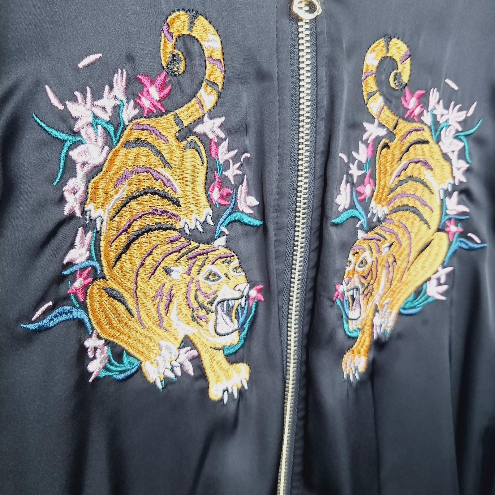 H&M Satin Souvenir Bomber Jacket 6 Embroidered Tiger Floral Chinoiserie Tumblr thumbnail 3