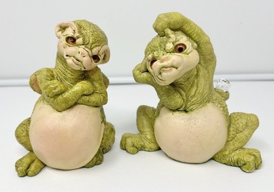 2 Vintage Green Dragon Keep W Swarovski Crystal Balls 1988 Marty Figurines Read