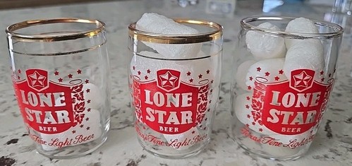 Vintage Lone Star Beer Barrel/Tasting Glasses 3", Large Shield Logo Gold Rimmed - Picture 1 of 6