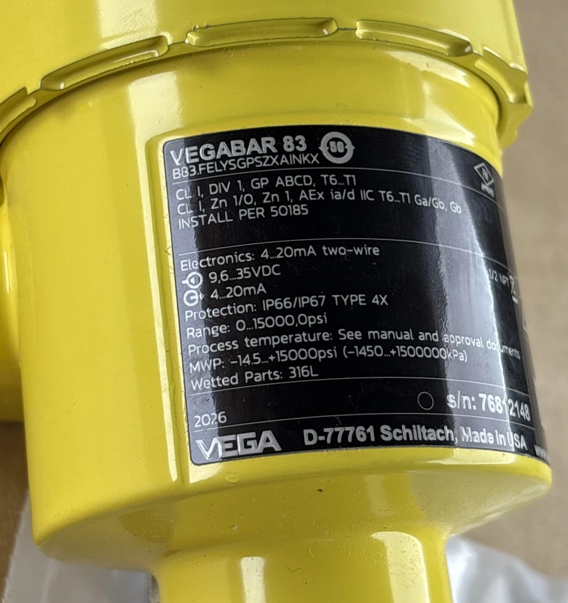 VEGA VEGABAR 83 Pressure Transmitter B83.FELYSGPSZXAINKX 0-15000 PSI 4-20mA photo 7