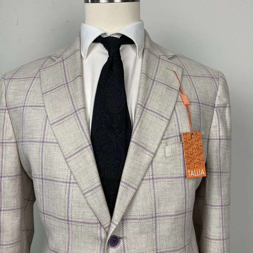 Tallia Men's Slim-Fit Printed Notch-Lapel Sport Coat 44S Natural Plaid E121736 - Image 3 of 4