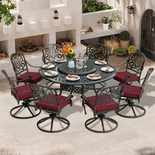 Outdoor 9-Piece Dining Set, 8 Swivel Rocker, 61" Round Patio Table w/Lazy Susan