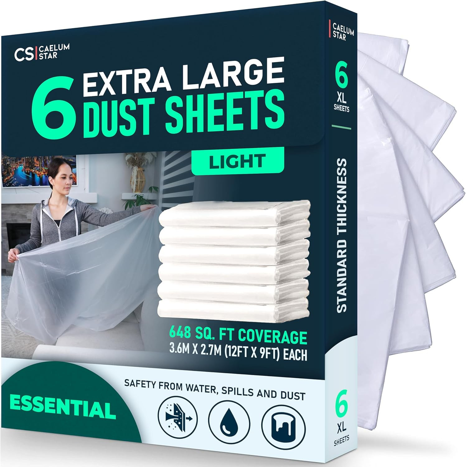 CS 6 Pack Extra Large Plastic Dust Sheets for Decorating 3.6 X 2.7M (12 X 9Ft),