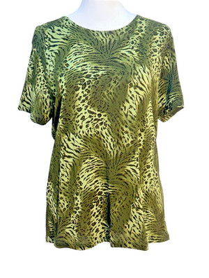 Josephine Chaus Animal Print Blouse M Green Short Sleeve Stretch Rayon