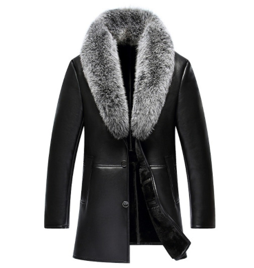 Men's Fur Leather Coat Fox Fur Thickened Mid-Length Sheepskin