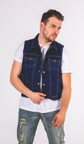 Men's Snap Front Denim Biker Vest With Shirt Collar Club Style Vest Jacket - Picture 12 of 16
